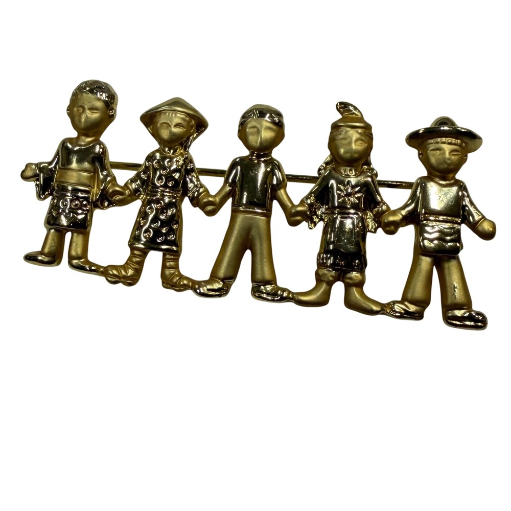 Vintage Gold Tone Five Children Holding Hands Brooch Figural Pin Diversity Unity